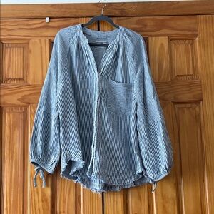 AERIE Medium Striped Blue Button-Up Blouse